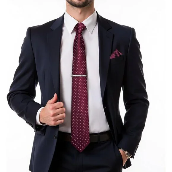 🆕Men Purple Plaid Silk Checkered Necktie Pocket Square Cufflinks Tie Clip Set